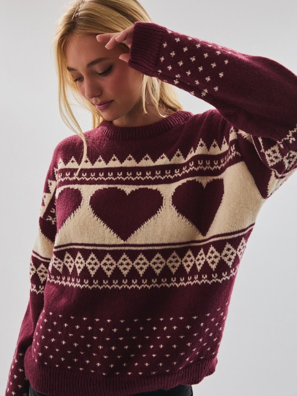Lelis Long Sleeves BURGUNDY CREAM Heart Knit Sweater Medium